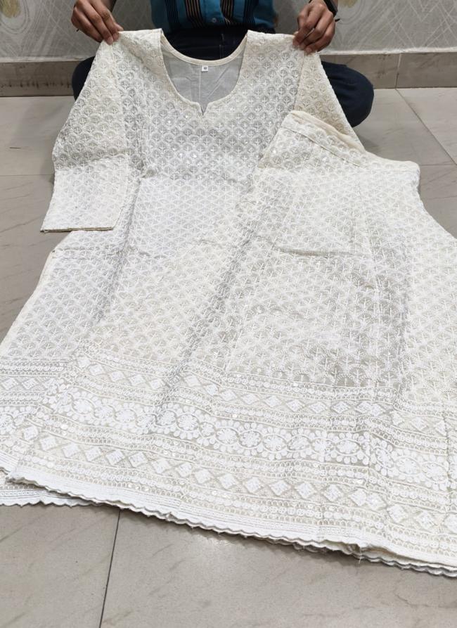 Cambric Cotton White Festival Wear Chikankari Phulkari Kurti With Palazzo